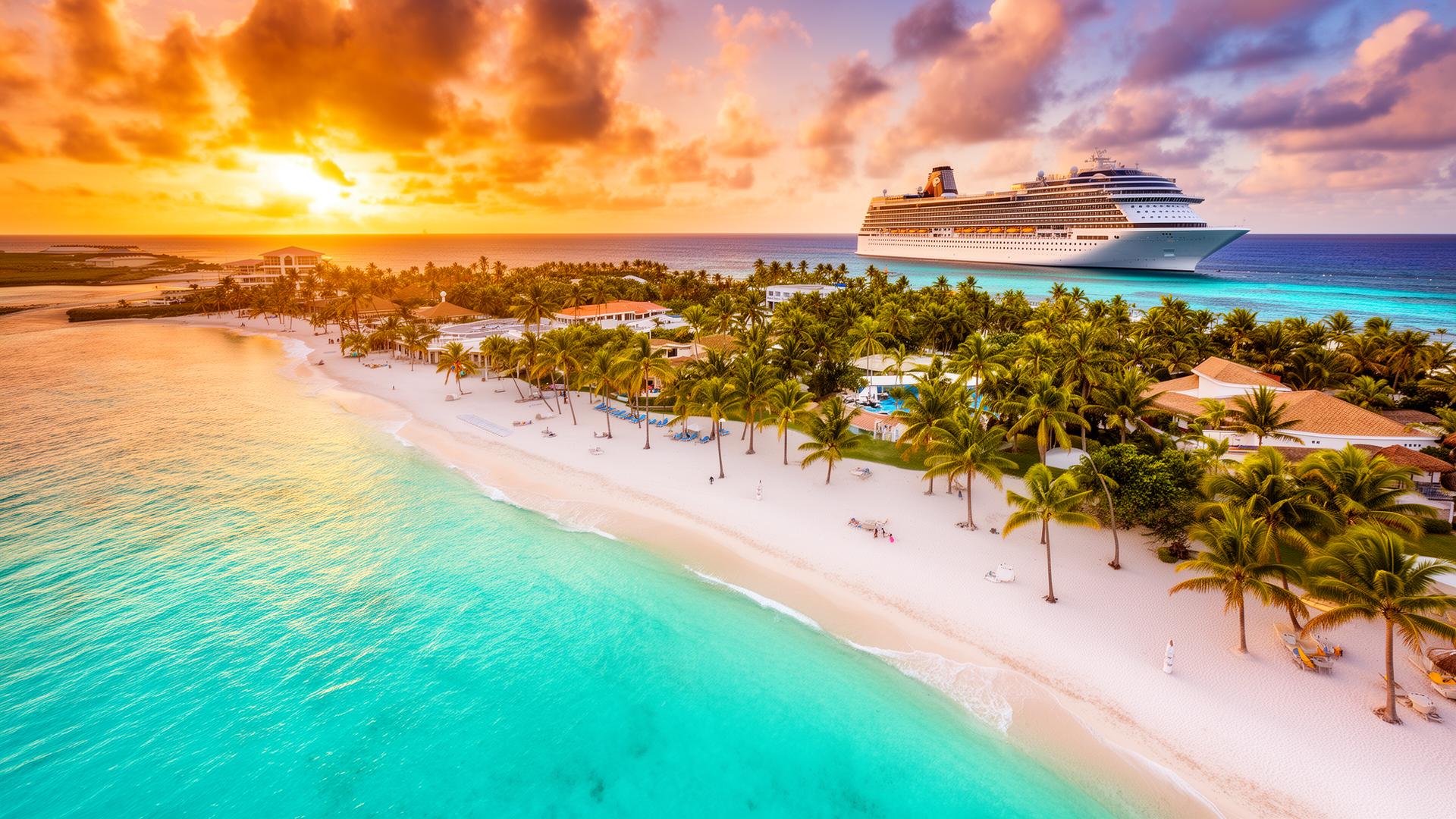 Tropical beach resort with cruise ship